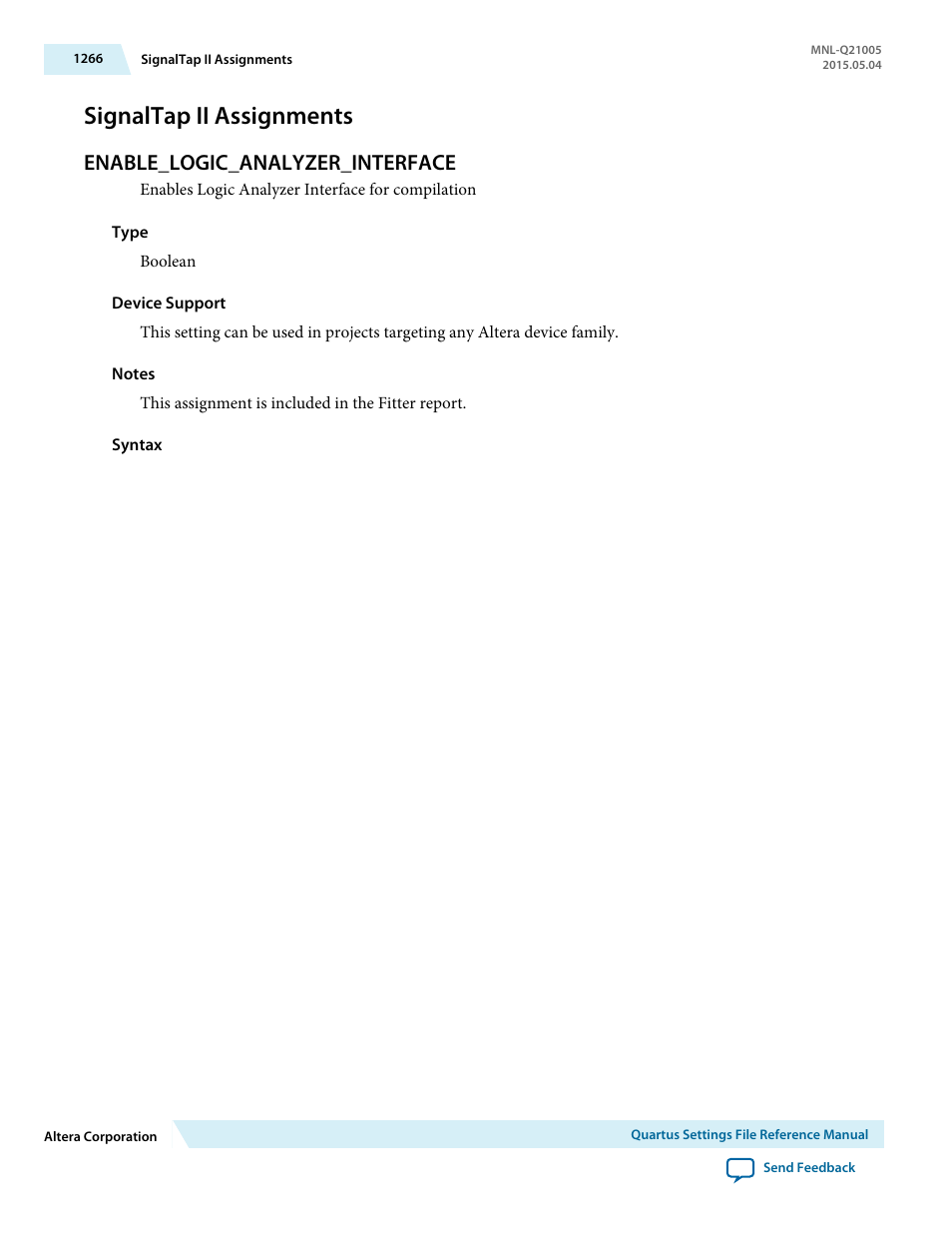 Signaltap ii assignments, Enable_logic_analyzer_interface | Altera Quartus II Settings File User Manual | Page 1266 / 1344