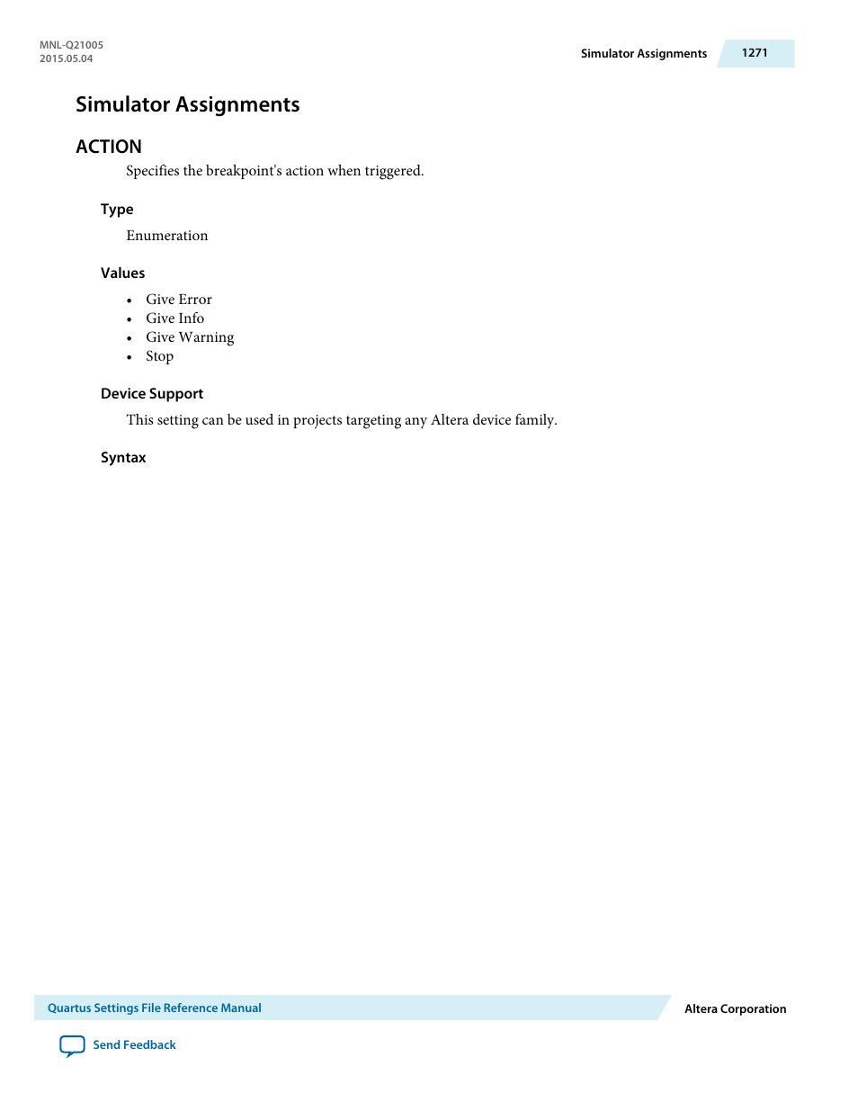 Simulator assignments, Action | Altera Quartus II Settings File User Manual | Page 1271 / 1344