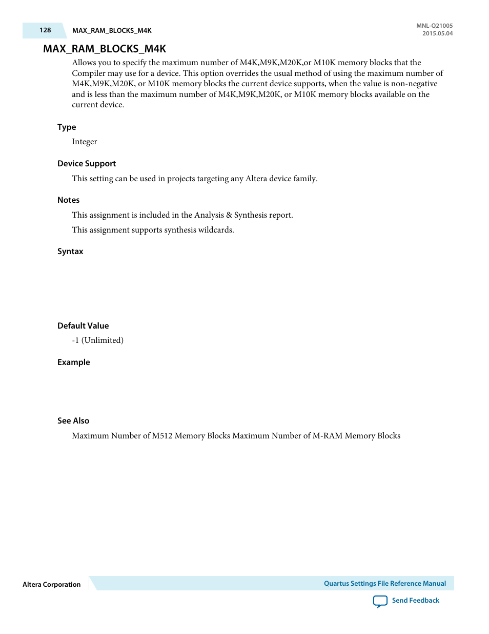 Max_ram_blocks_m4k | Altera Quartus II Settings File User Manual | Page 128 / 1344