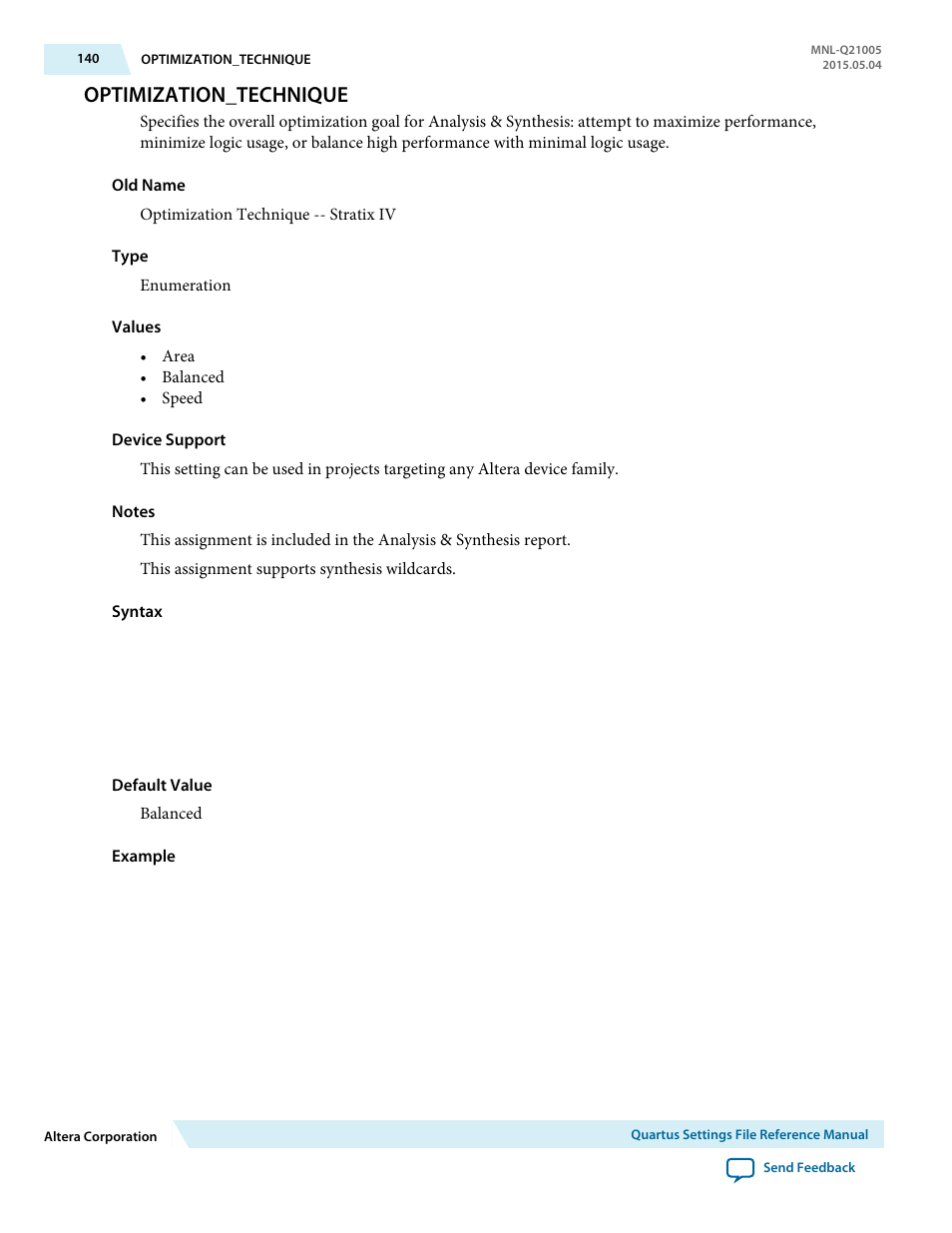 Optimization_technique | Altera Quartus II Settings File User Manual | Page 140 / 1344