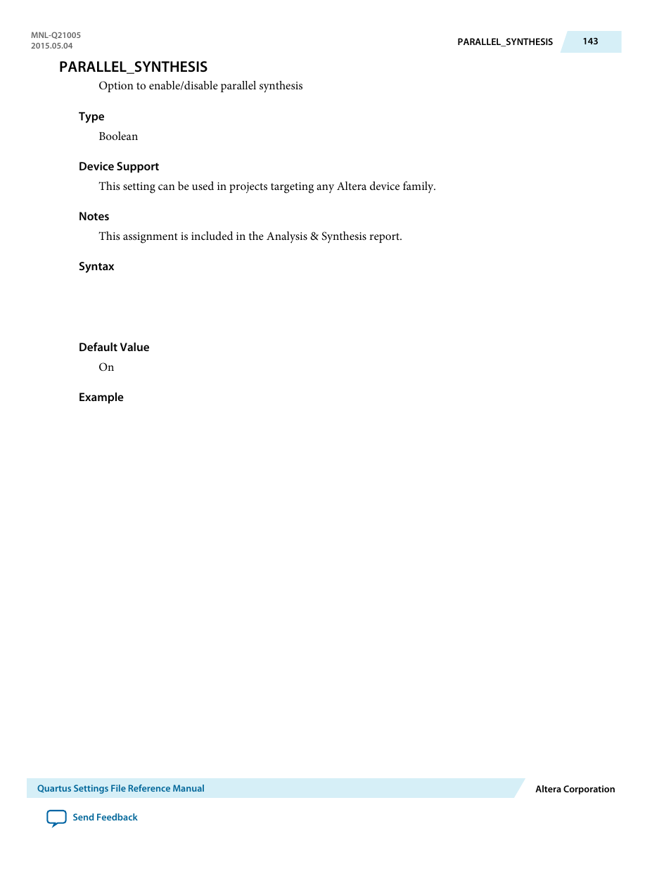 Parallel_synthesis | Altera Quartus II Settings File User Manual | Page 143 / 1344