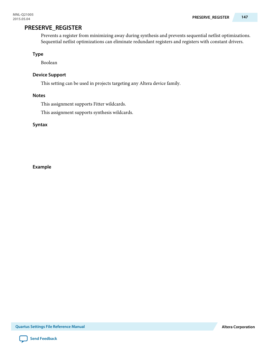 Preserve_register | Altera Quartus II Settings File User Manual | Page 147 / 1344
