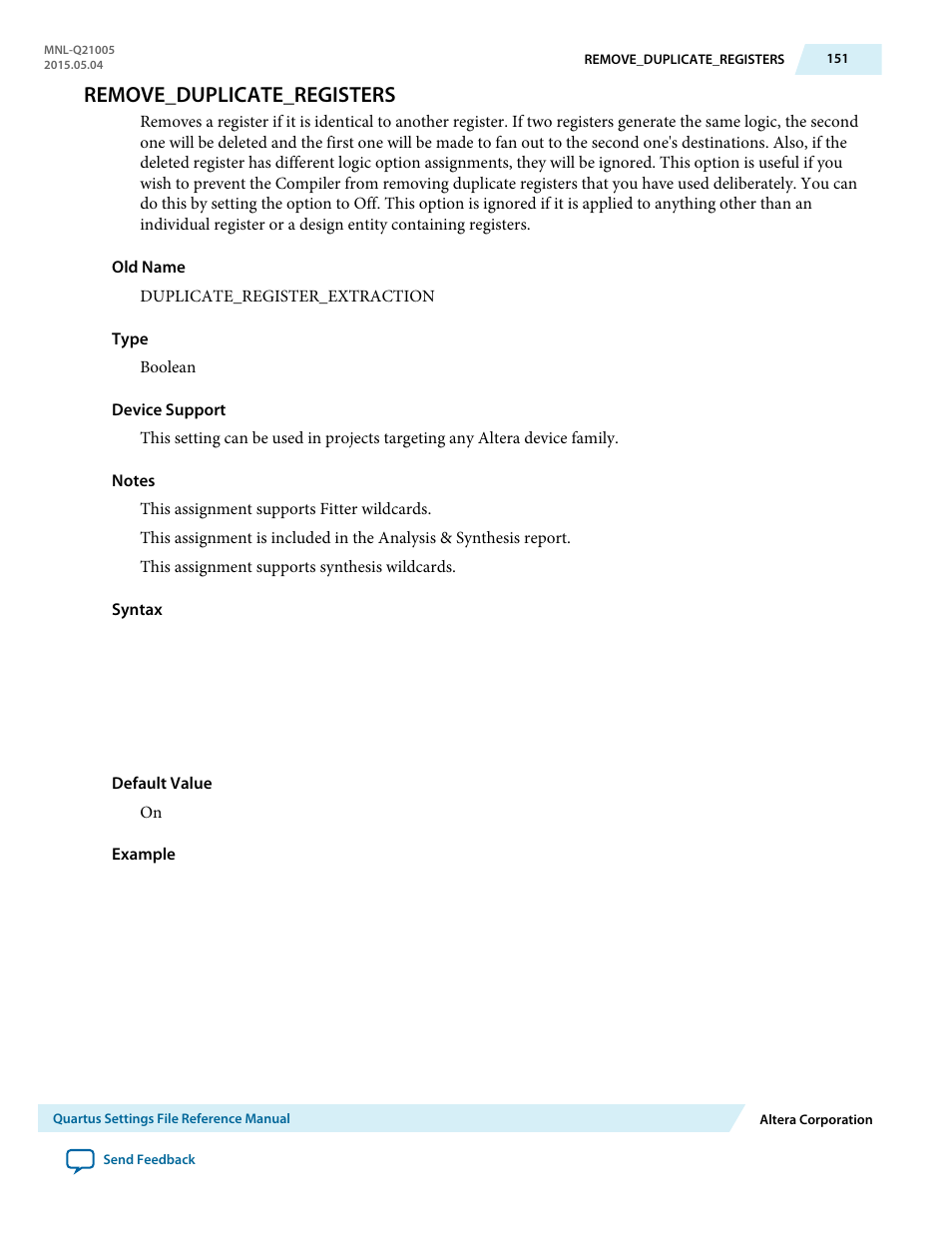 Remove_duplicate_registers | Altera Quartus II Settings File User Manual | Page 151 / 1344