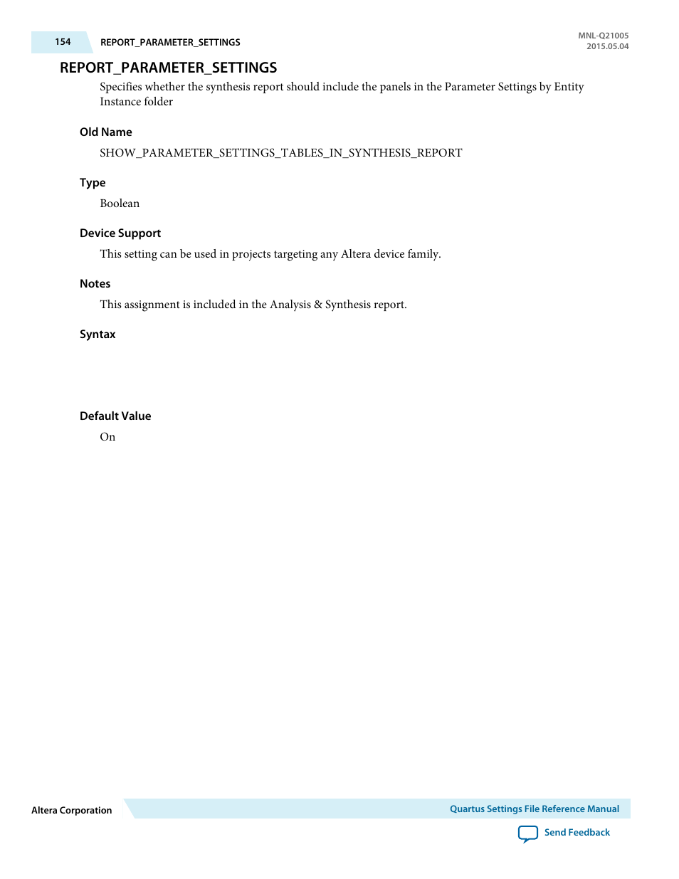 Report_parameter_settings | Altera Quartus II Settings File User Manual | Page 154 / 1344