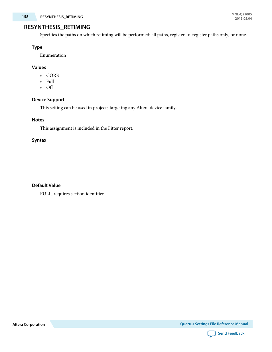Resynthesis_retiming | Altera Quartus II Settings File User Manual | Page 158 / 1344