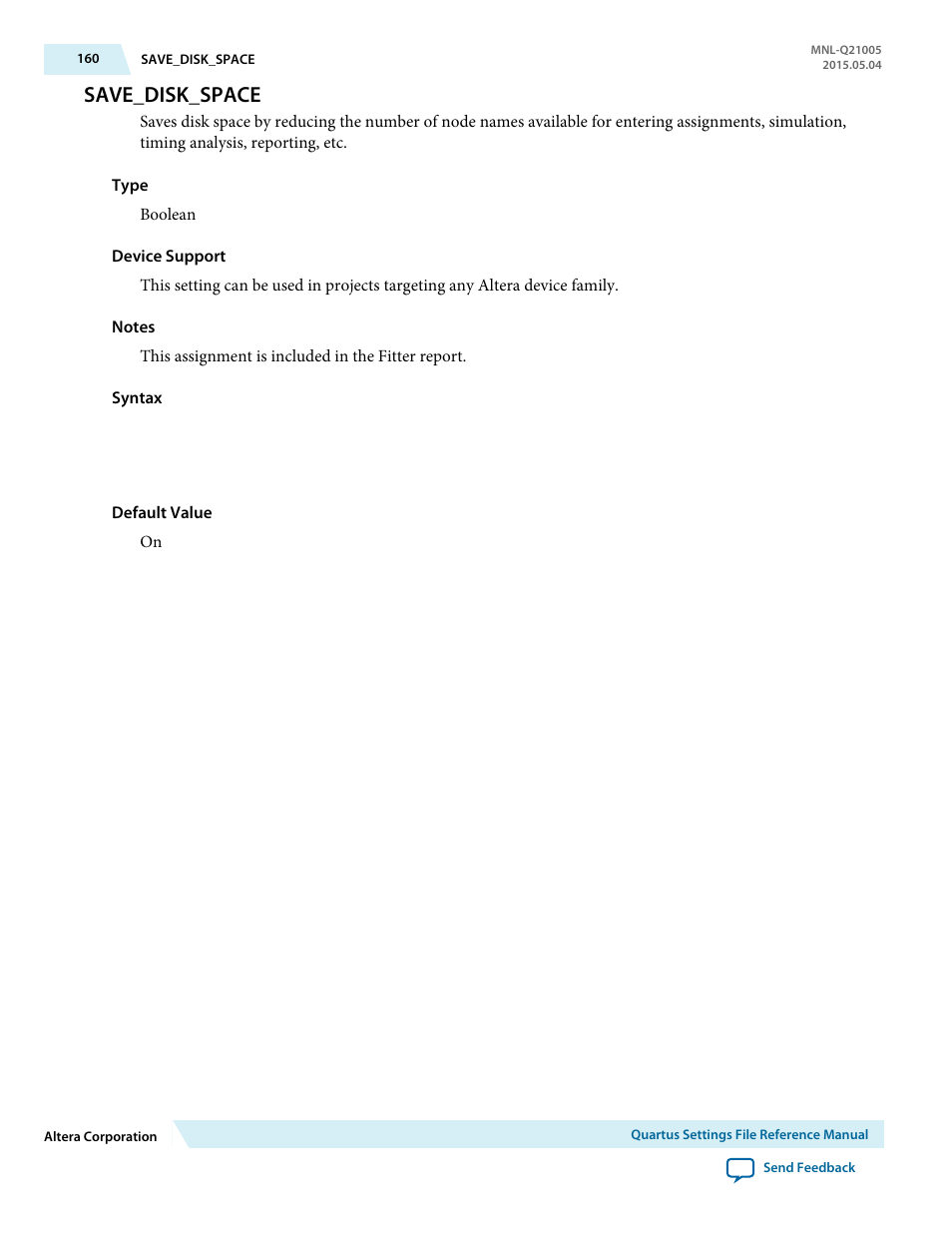 Save_disk_space | Altera Quartus II Settings File User Manual | Page 160 / 1344