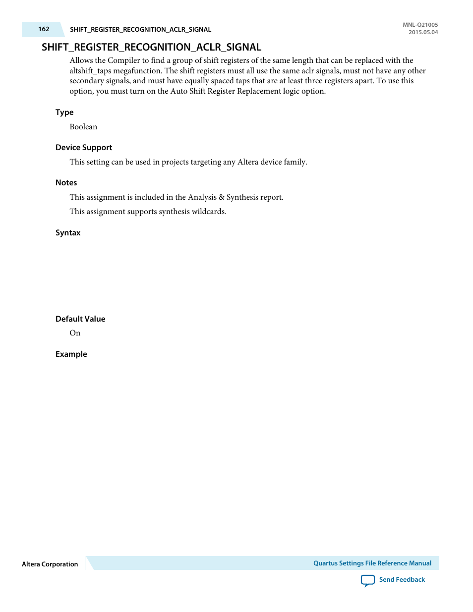 Shift_register_recognition_aclr_signal | Altera Quartus II Settings File User Manual | Page 162 / 1344
