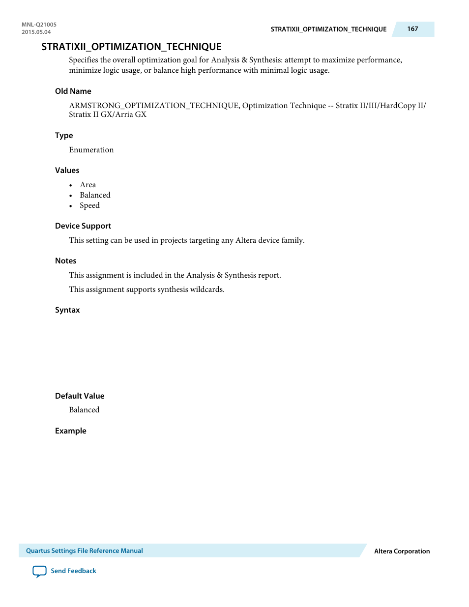 Stratixii_optimization_technique | Altera Quartus II Settings File User Manual | Page 167 / 1344