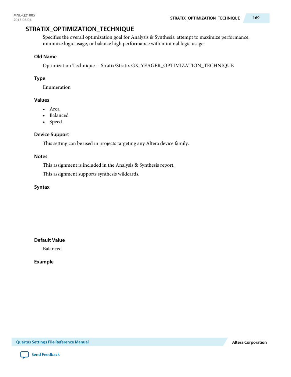 Stratix_optimization_technique | Altera Quartus II Settings File User Manual | Page 169 / 1344