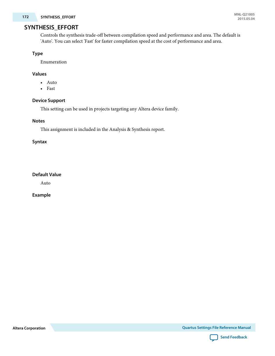 Synthesis_effort | Altera Quartus II Settings File User Manual | Page 172 / 1344