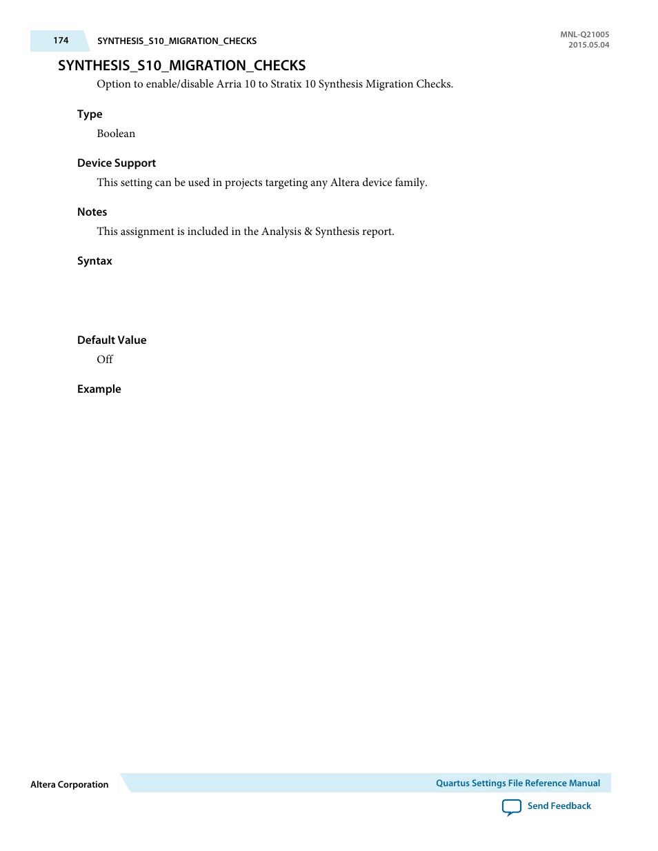 Synthesis_s10_migration_checks | Altera Quartus II Settings File User Manual | Page 174 / 1344