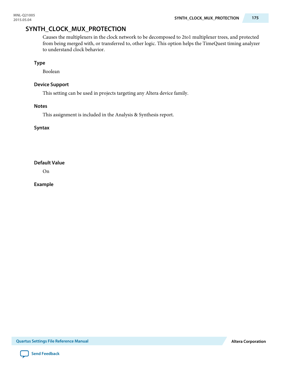 Synth_clock_mux_protection | Altera Quartus II Settings File User Manual | Page 175 / 1344