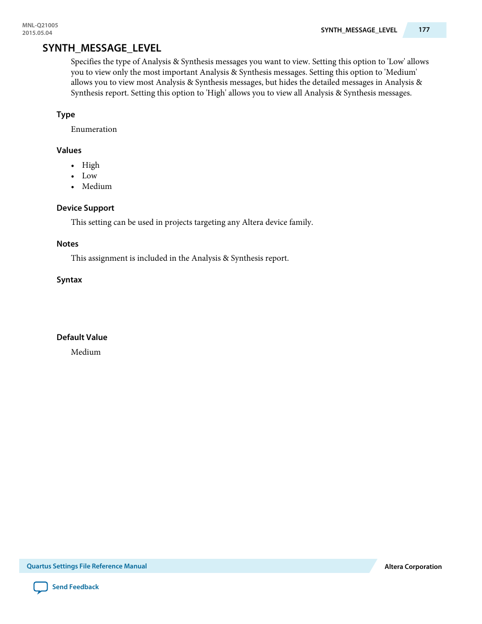 Synth_message_level | Altera Quartus II Settings File User Manual | Page 177 / 1344