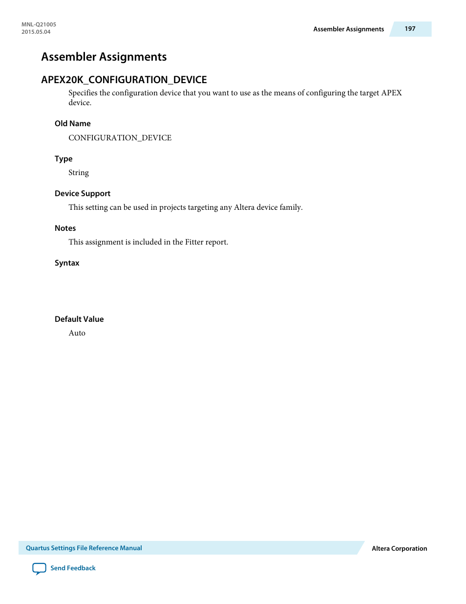 Assembler assignments, Apex20k_configuration_device | Altera Quartus II Settings File User Manual | Page 197 / 1344