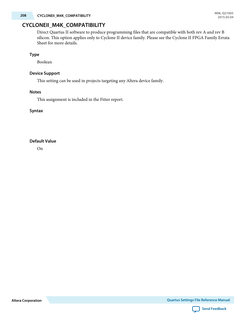 Cycloneii_m4k_compatibility | Altera Quartus II Settings File User Manual | Page 208 / 1344