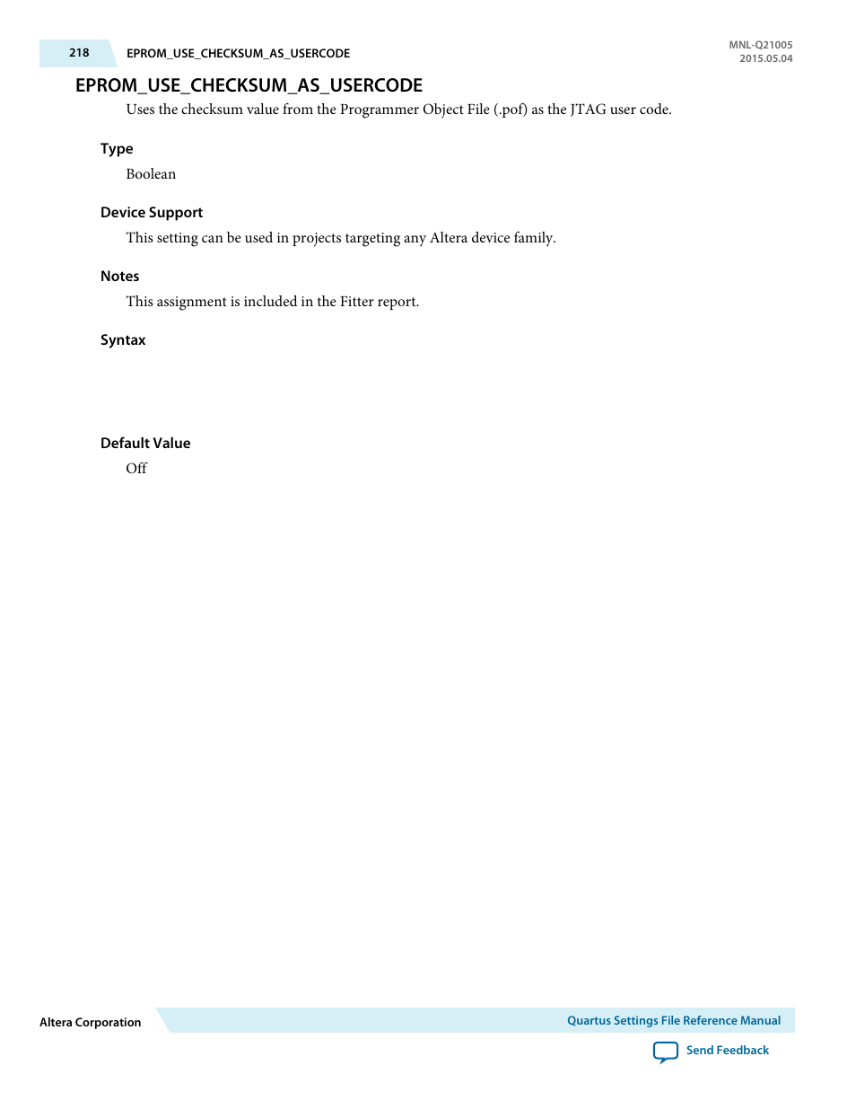 Eprom_use_checksum_as_usercode | Altera Quartus II Settings File User Manual | Page 218 / 1344