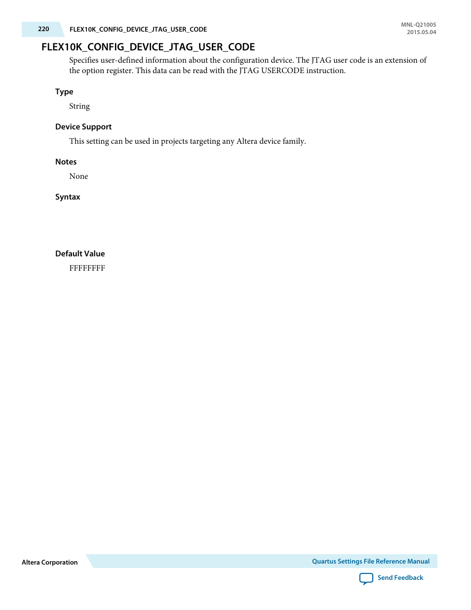 Flex10k_config_device_jtag_user_code | Altera Quartus II Settings File User Manual | Page 220 / 1344