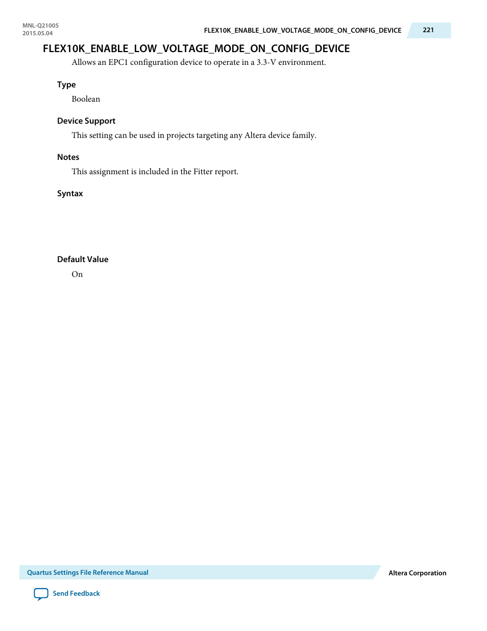 Flex10k_enable_low_voltage_mode_on_config_device | Altera Quartus II Settings File User Manual | Page 221 / 1344