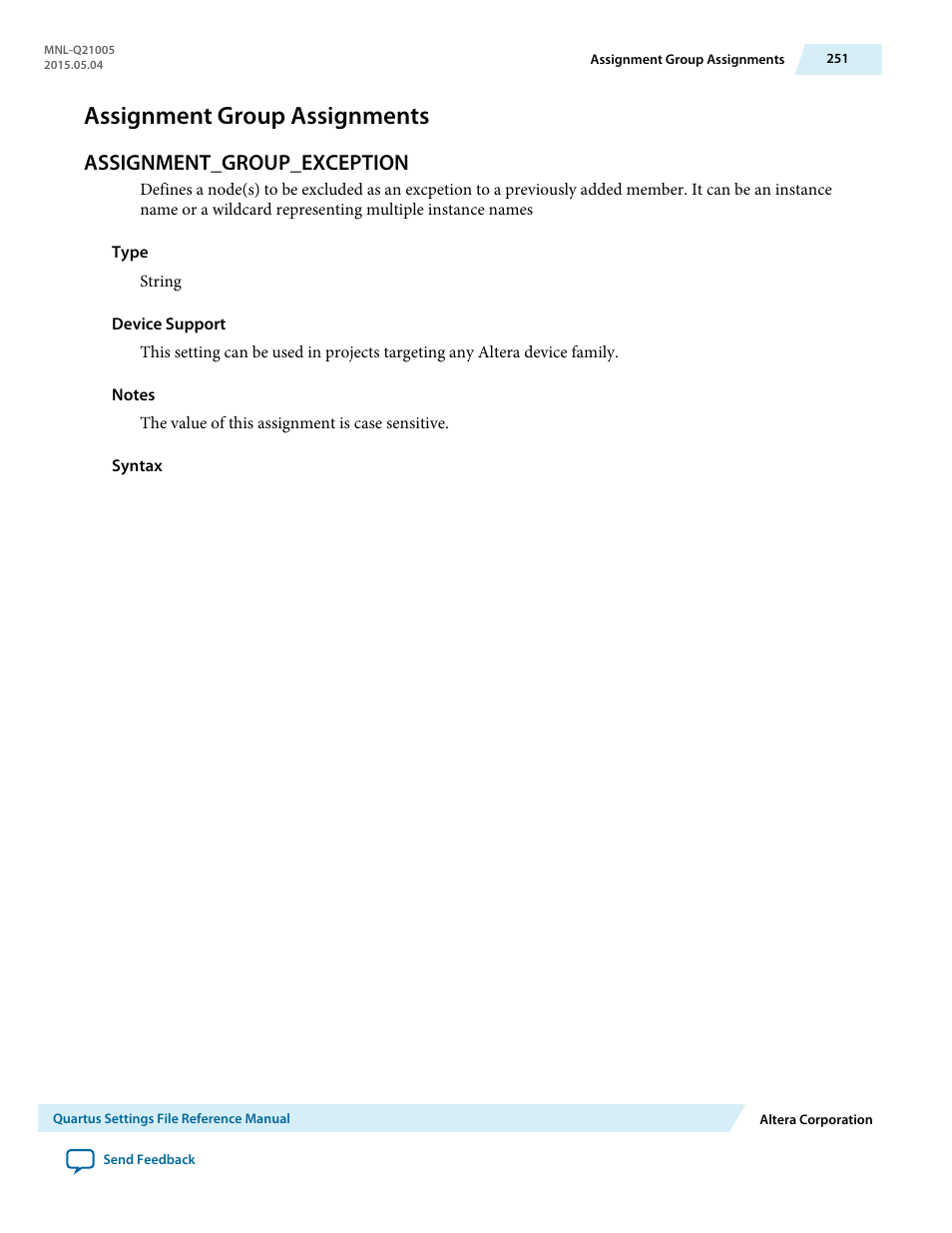 Assignment group assignments, Assignment_group_exception | Altera Quartus II Settings File User Manual | Page 251 / 1344