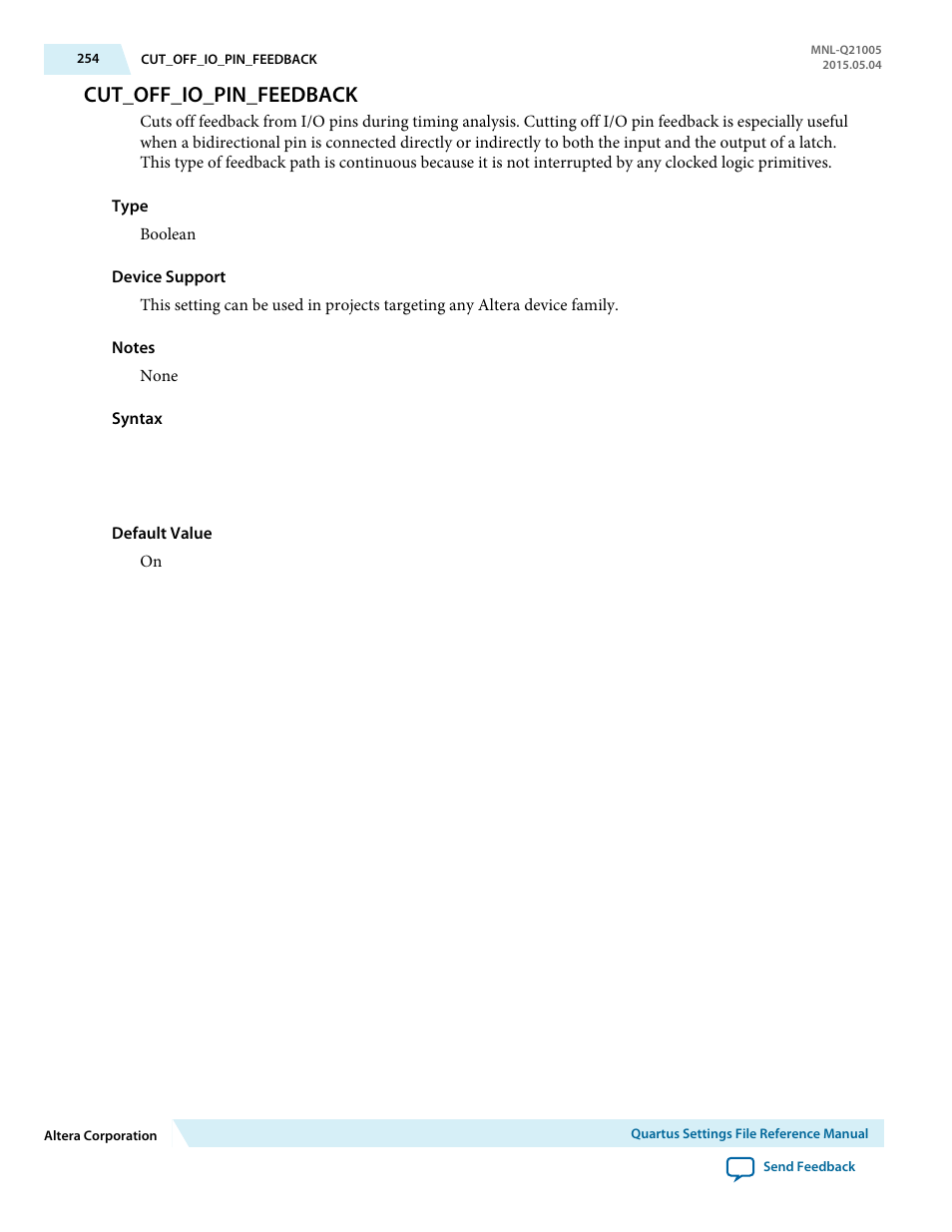 Cut_off_io_pin_feedback | Altera Quartus II Settings File User Manual | Page 254 / 1344