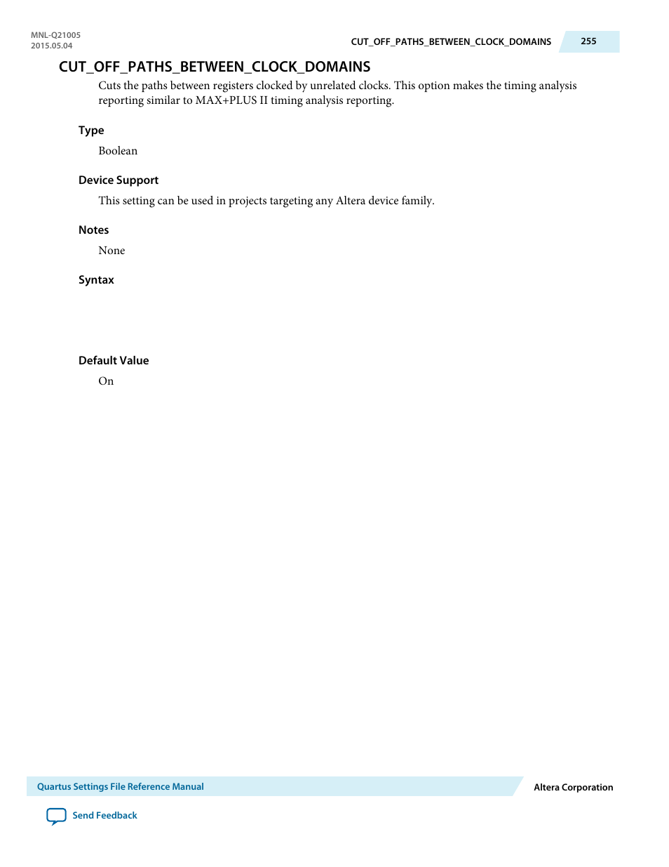 Cut_off_paths_between_clock_domains | Altera Quartus II Settings File User Manual | Page 255 / 1344