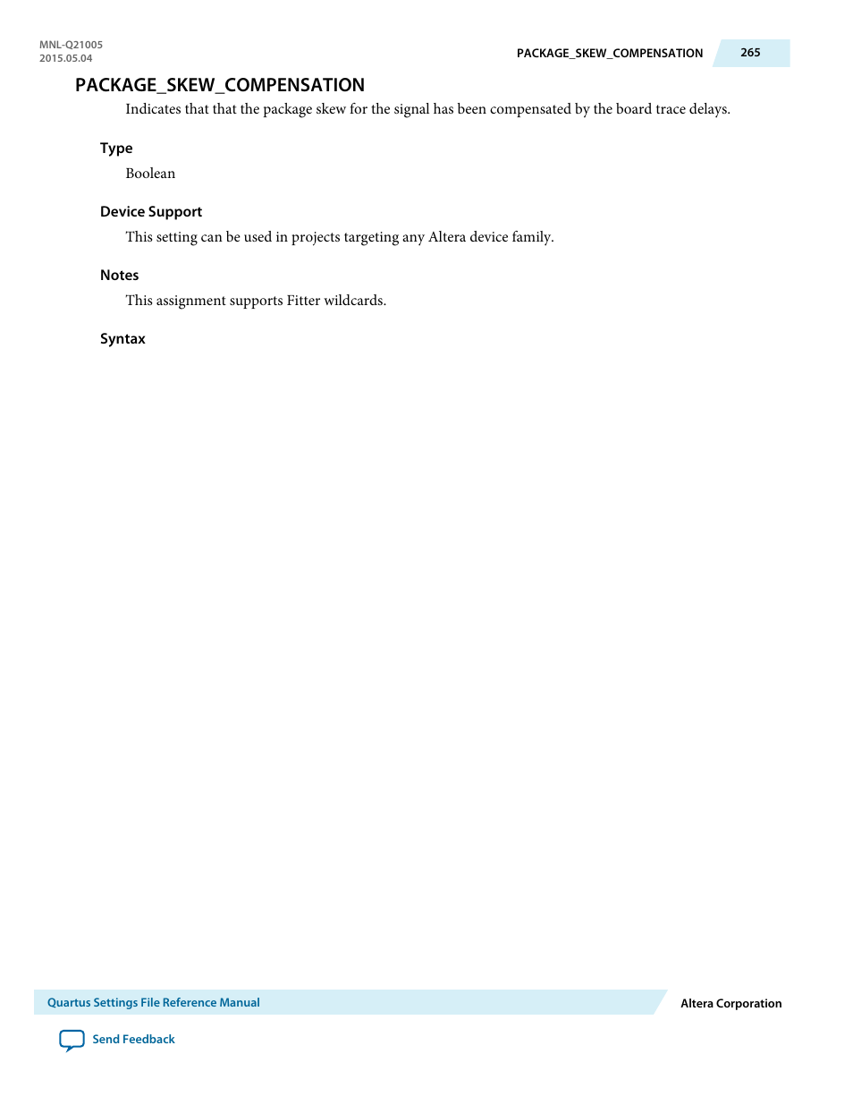 Package_skew_compensation | Altera Quartus II Settings File User Manual | Page 265 / 1344