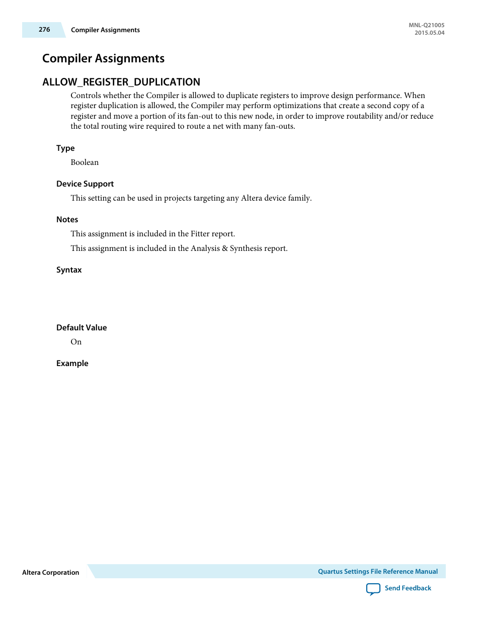 Compiler assignments, Allow_register_duplication | Altera Quartus II Settings File User Manual | Page 276 / 1344