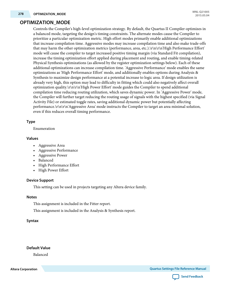 Optimization_mode | Altera Quartus II Settings File User Manual | Page 278 / 1344