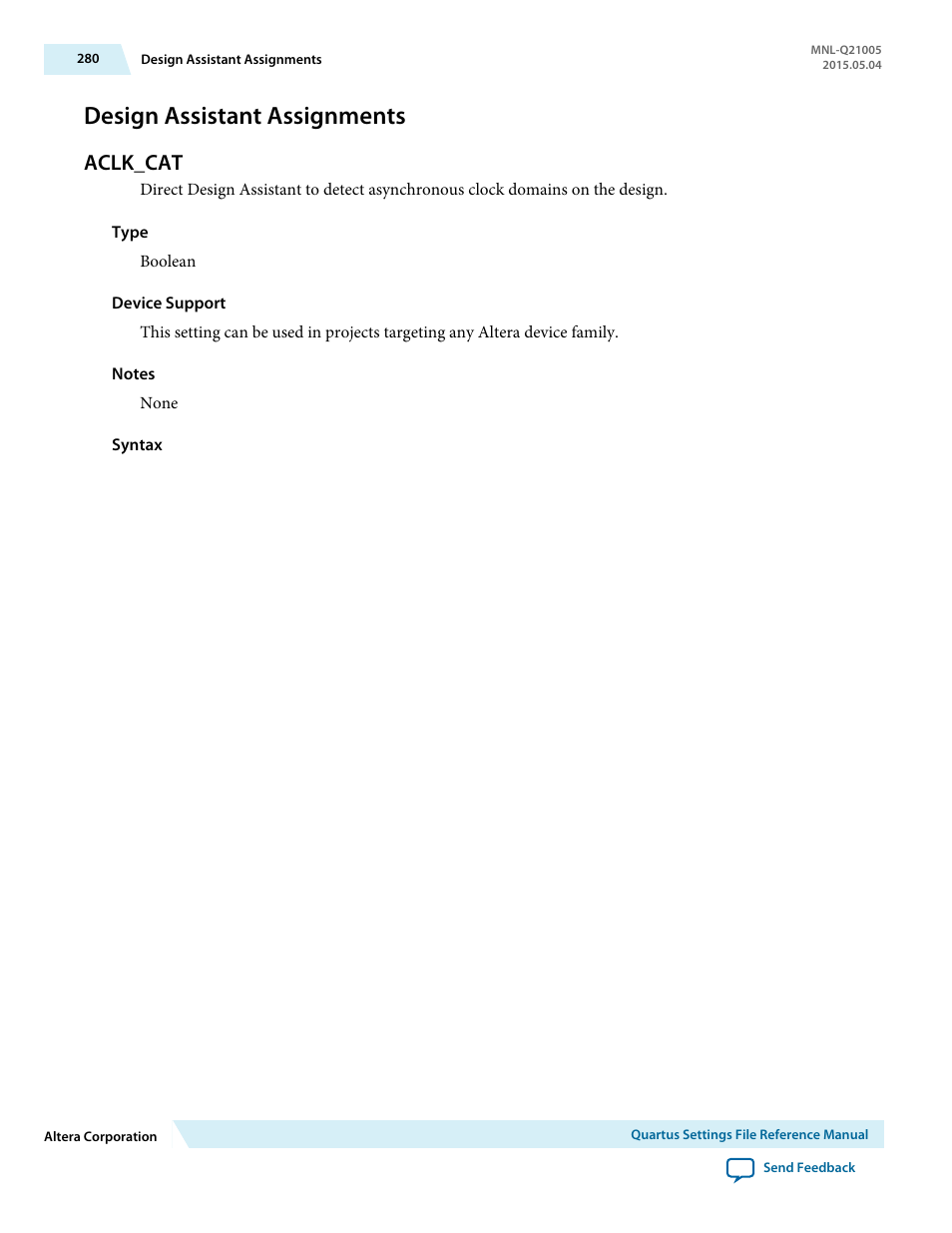 Design assistant assignments, Aclk_cat | Altera Quartus II Settings File User Manual | Page 280 / 1344