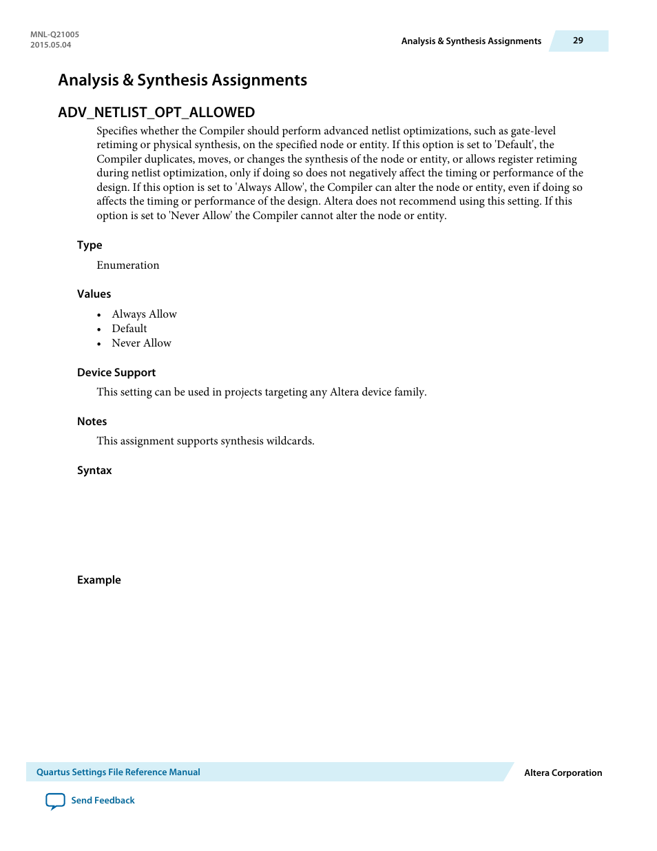 Analysis & synthesis assignments, Adv_netlist_opt_allowed | Altera Quartus II Settings File User Manual | Page 29 / 1344