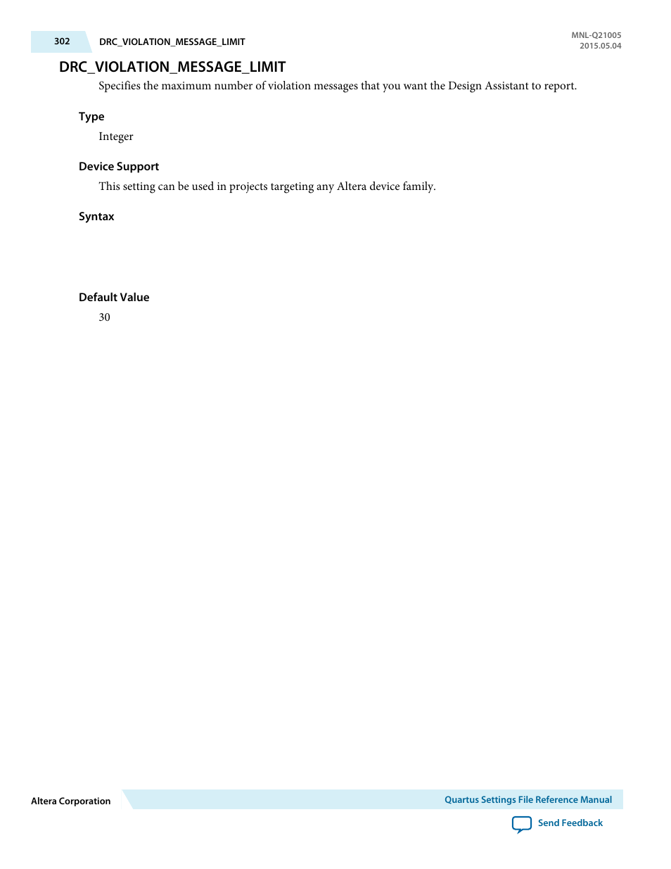 Drc_violation_message_limit | Altera Quartus II Settings File User Manual | Page 302 / 1344