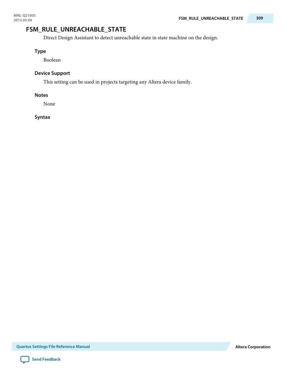Fsm_rule_unreachable_state | Altera Quartus II Settings File User Manual | Page 309 / 1344