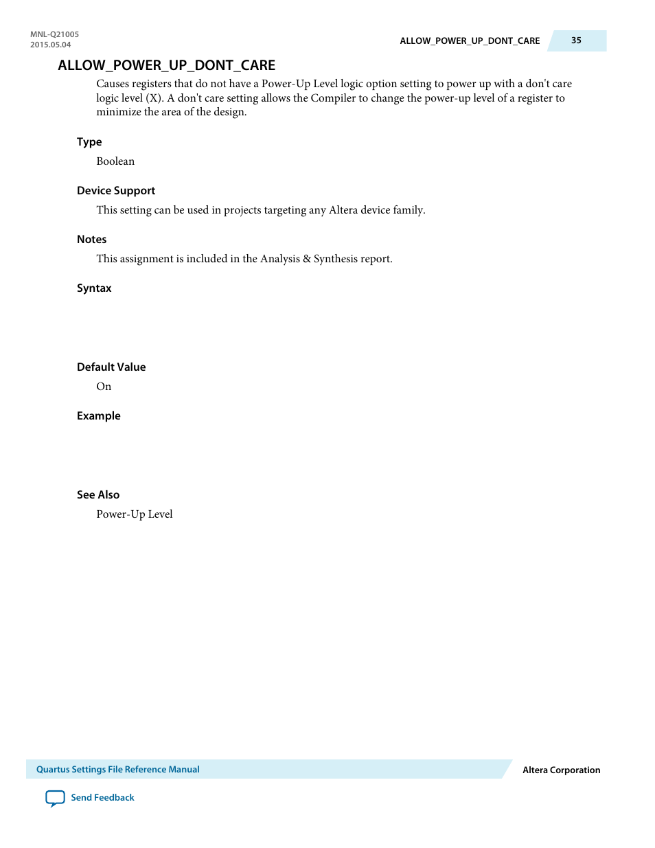Allow_power_up_dont_care | Altera Quartus II Settings File User Manual | Page 35 / 1344