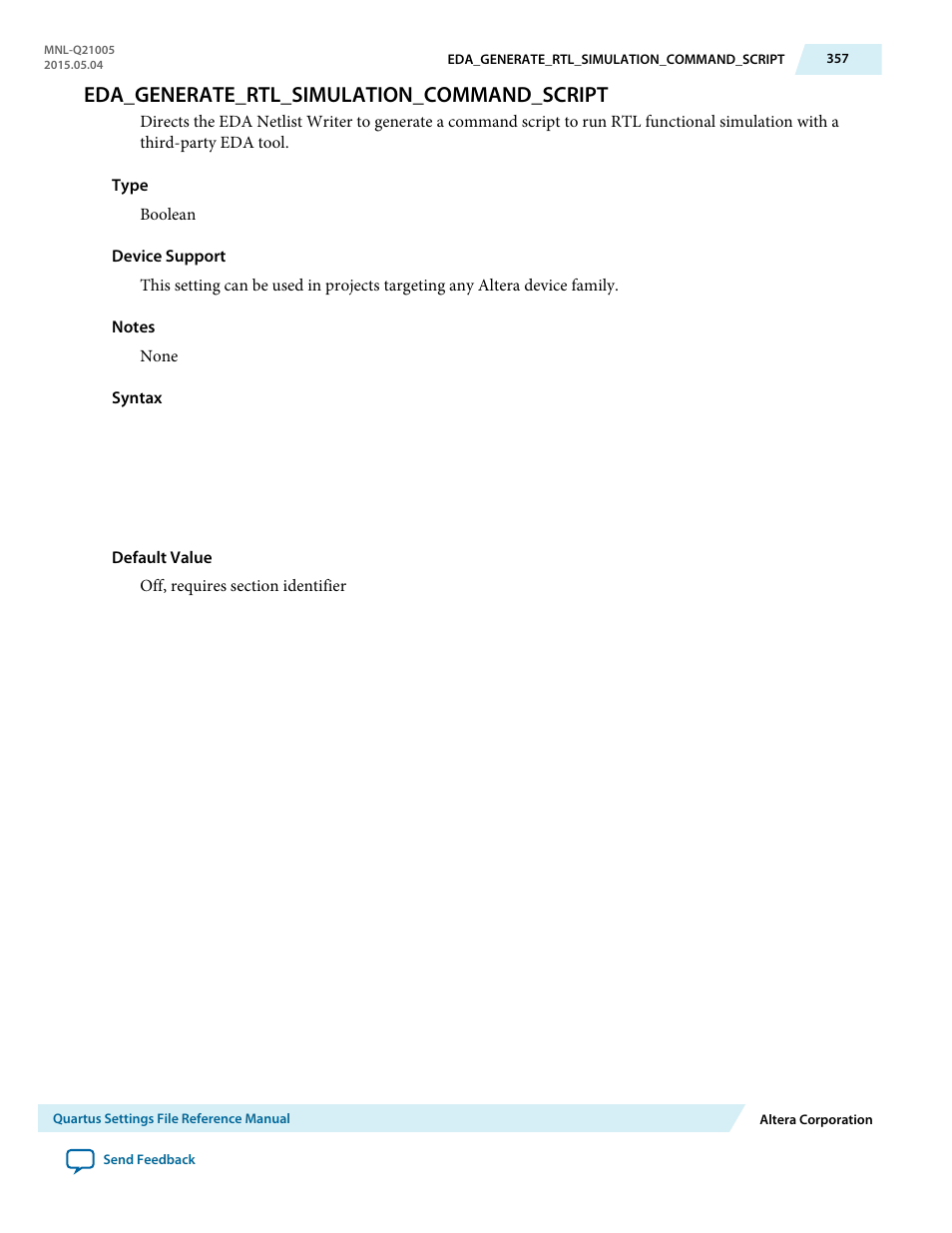 Eda_generate_rtl_simulation_command_script | Altera Quartus II Settings File User Manual | Page 357 / 1344