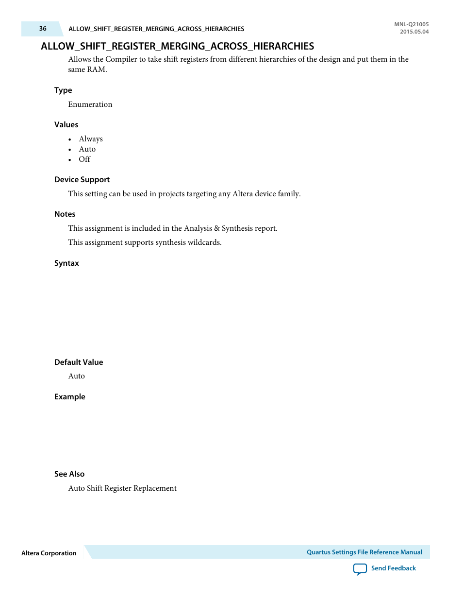 Allow_shift_register_merging_across_hierarchies | Altera Quartus II Settings File User Manual | Page 36 / 1344