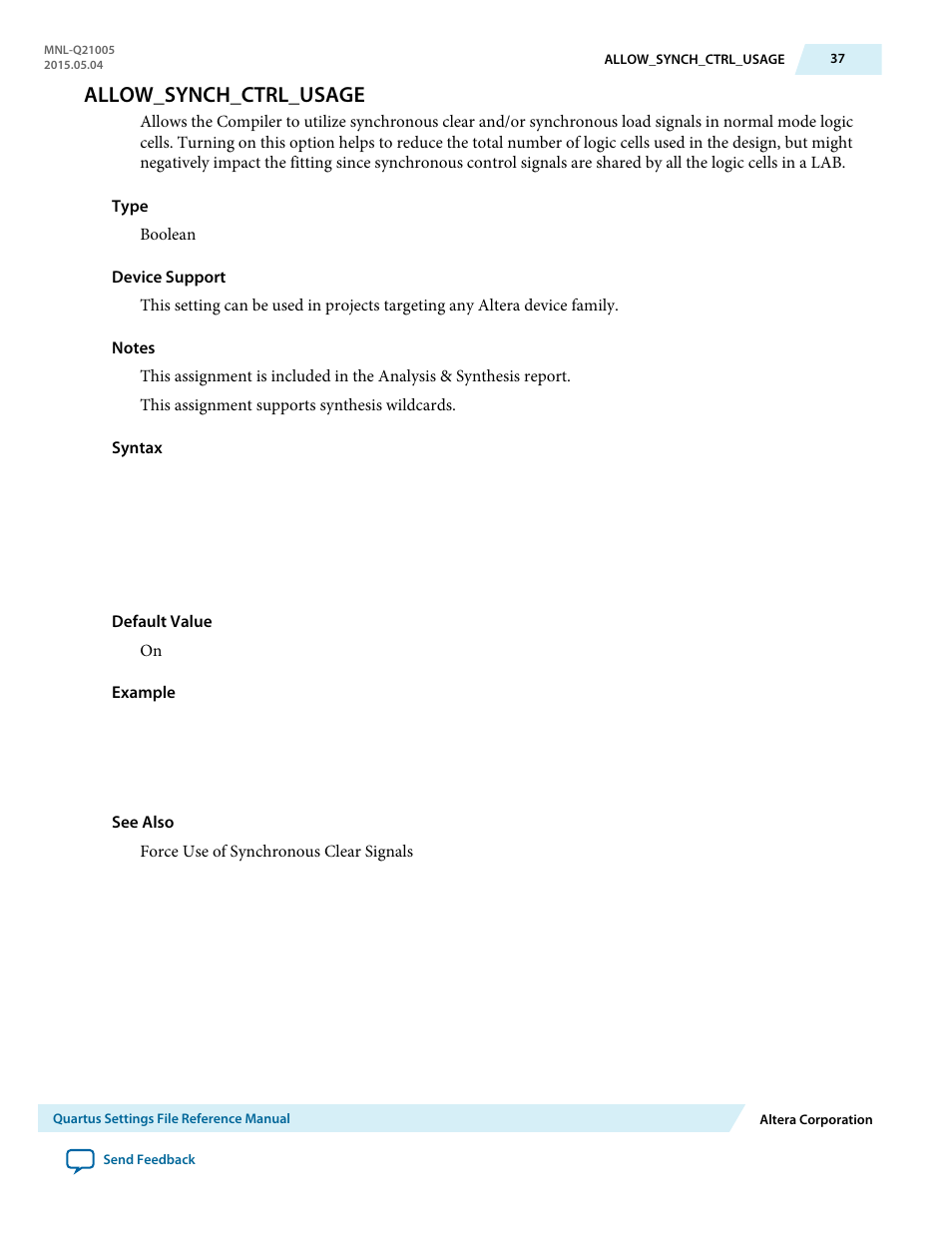 Allow_synch_ctrl_usage | Altera Quartus II Settings File User Manual | Page 37 / 1344