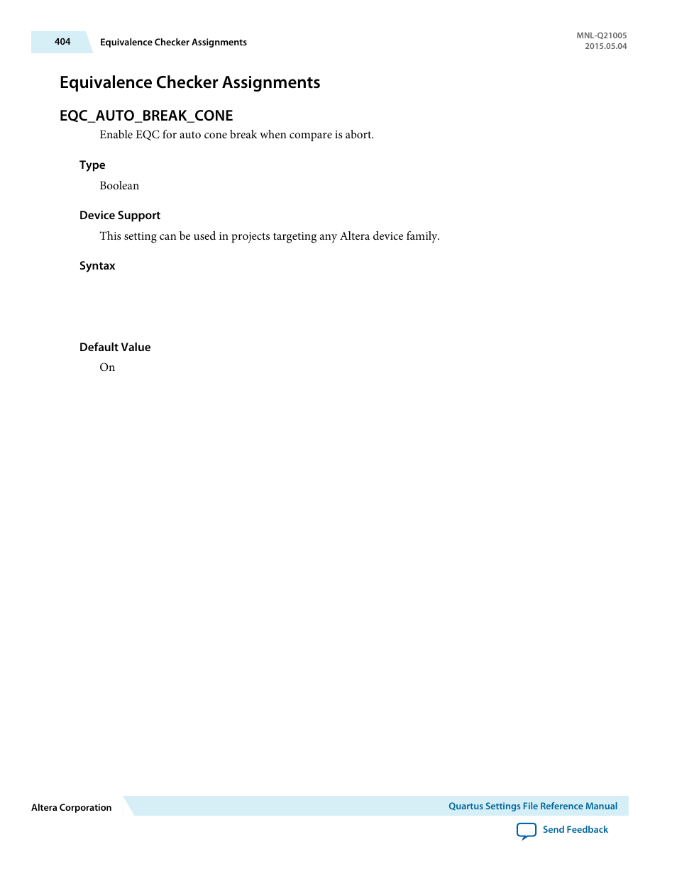 Equivalence checker assignments, Eqc_auto_break_cone | Altera Quartus II Settings File User Manual | Page 404 / 1344