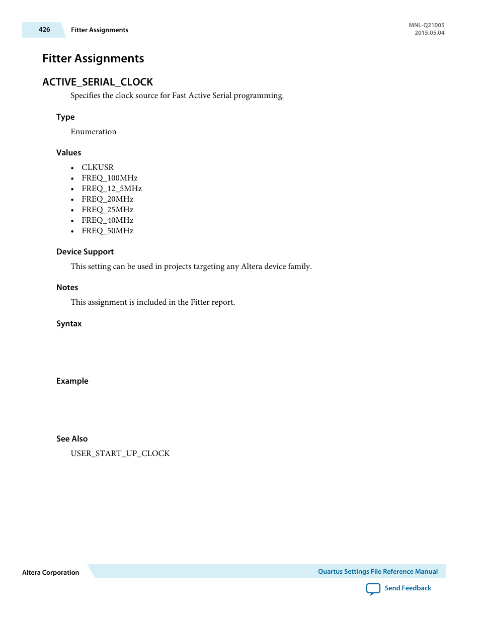 Fitter assignments, Active_serial_clock | Altera Quartus II Settings File User Manual | Page 426 / 1344