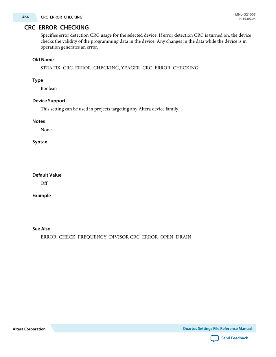 Crc_error_checking | Altera Quartus II Settings File User Manual | Page 464 / 1344