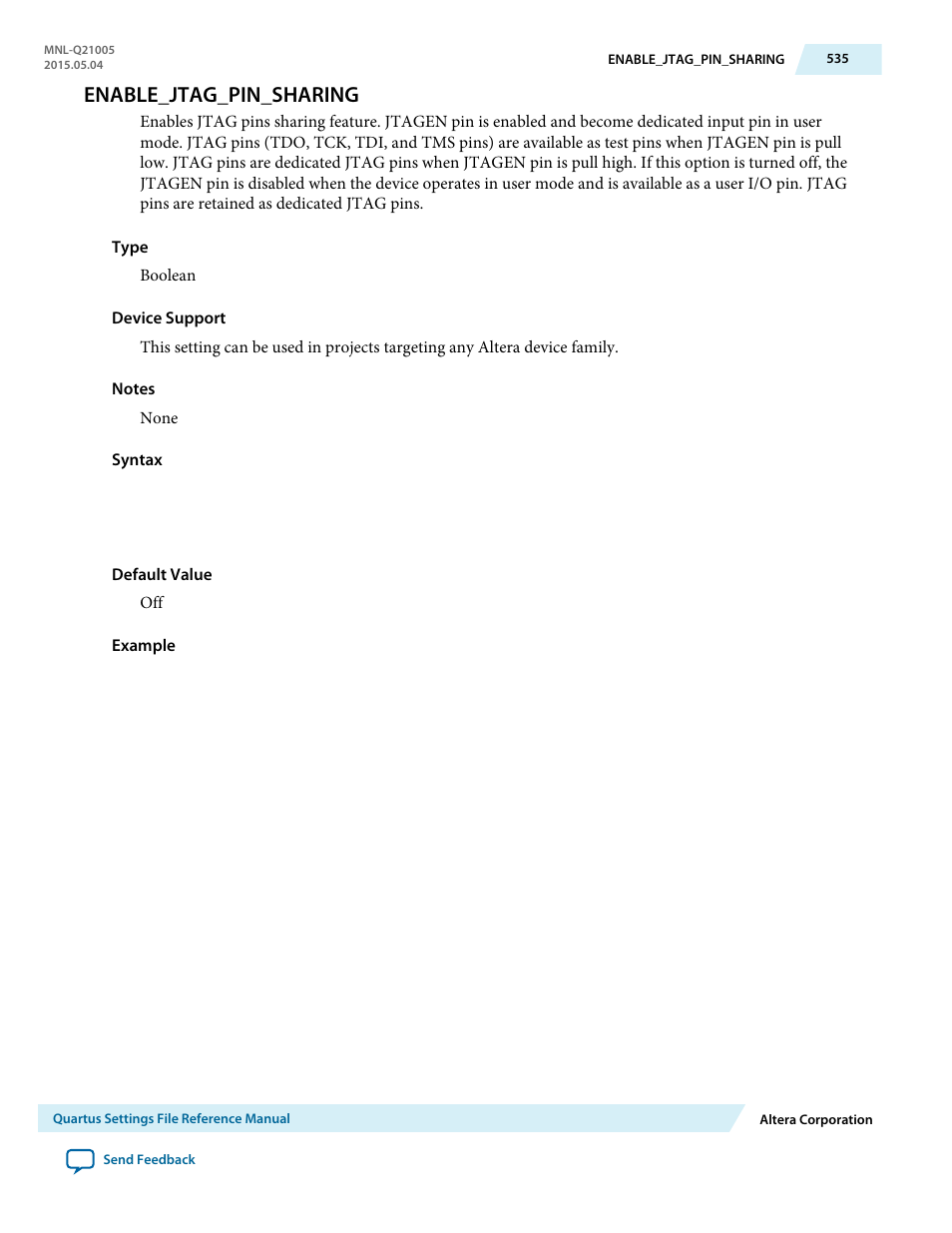 Enable_jtag_pin_sharing | Altera Quartus II Settings File User Manual | Page 535 / 1344