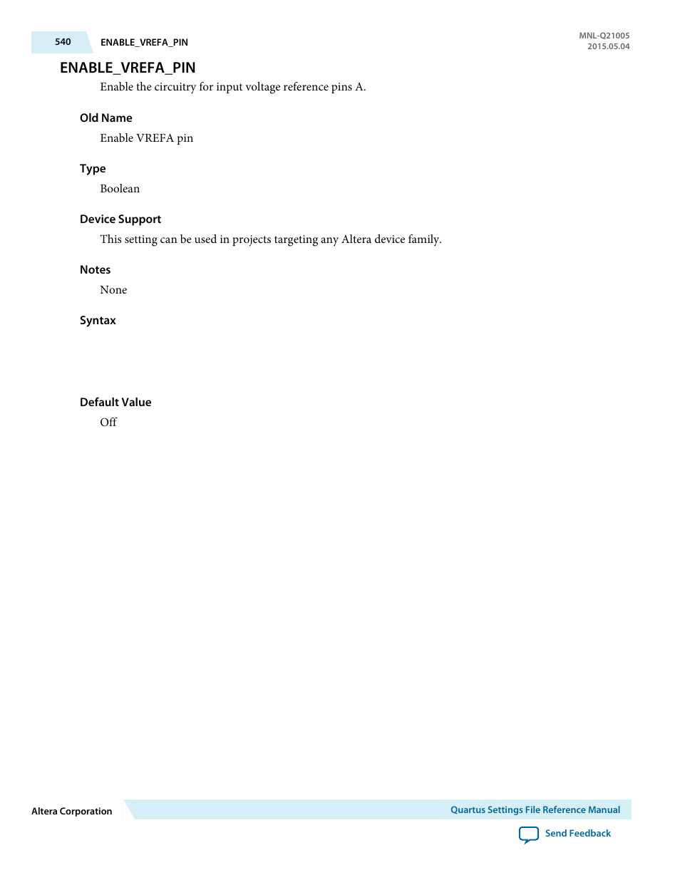 Enable_vrefa_pin | Altera Quartus II Settings File User Manual | Page 540 / 1344