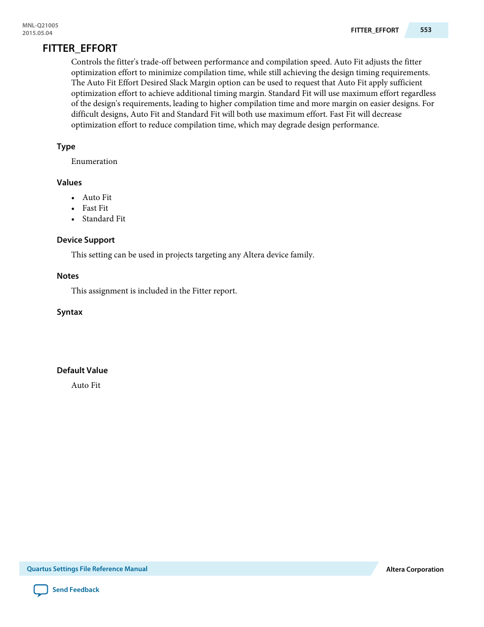 Fitter_effort | Altera Quartus II Settings File User Manual | Page 553 / 1344