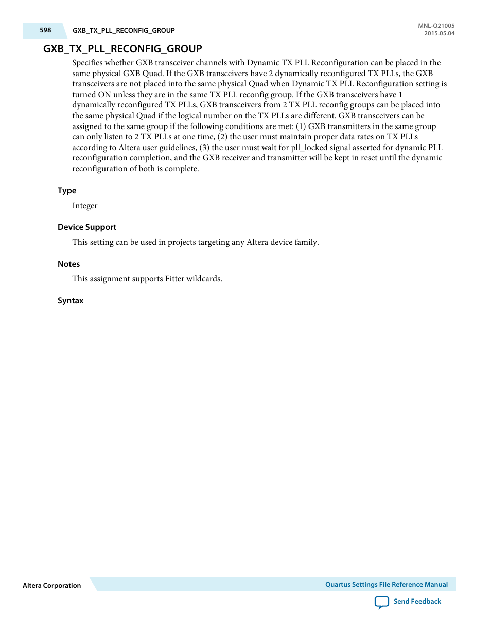 Gxb_tx_pll_reconfig_group | Altera Quartus II Settings File User Manual | Page 598 / 1344