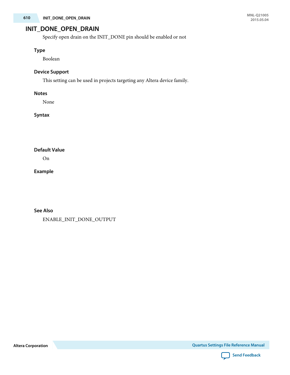 Init_done_open_drain | Altera Quartus II Settings File User Manual | Page 610 / 1344