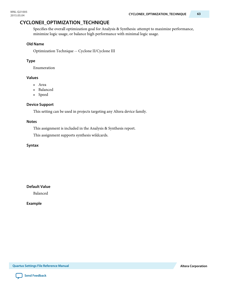 Cycloneii_optimization_technique | Altera Quartus II Settings File User Manual | Page 63 / 1344
