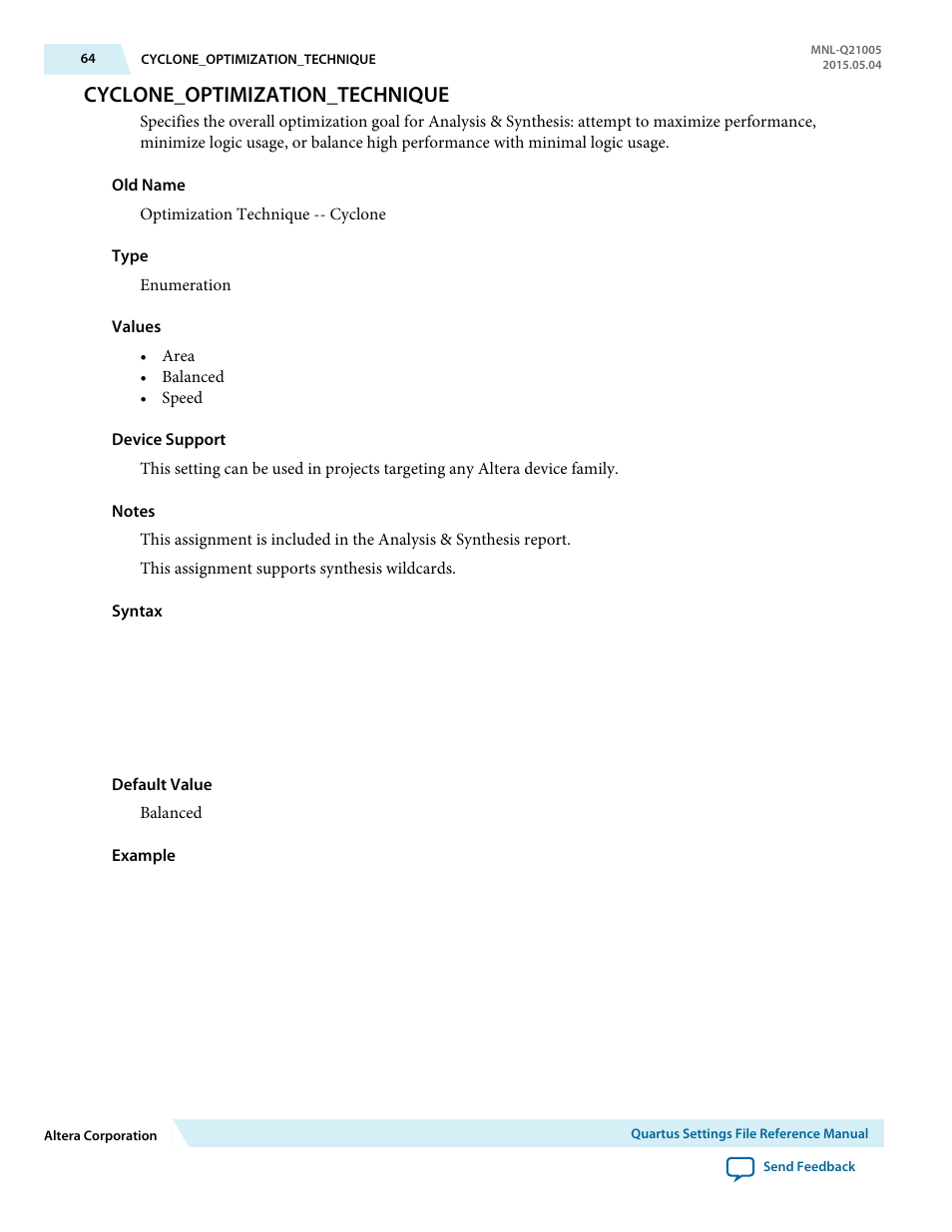 Cyclone_optimization_technique | Altera Quartus II Settings File User Manual | Page 64 / 1344
