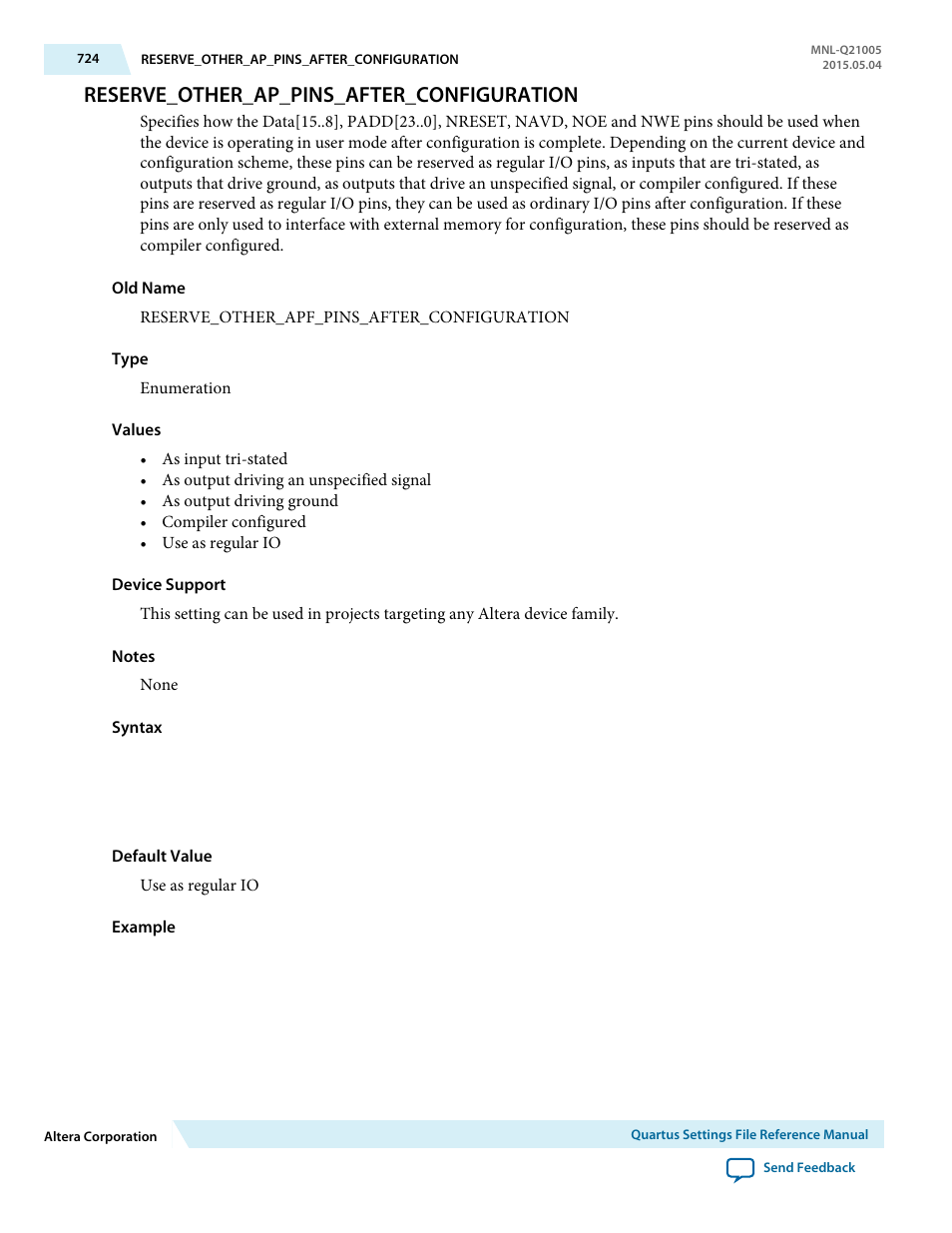 Reserve_other_ap_pins_after_configuration | Altera Quartus II Settings File User Manual | Page 724 / 1344