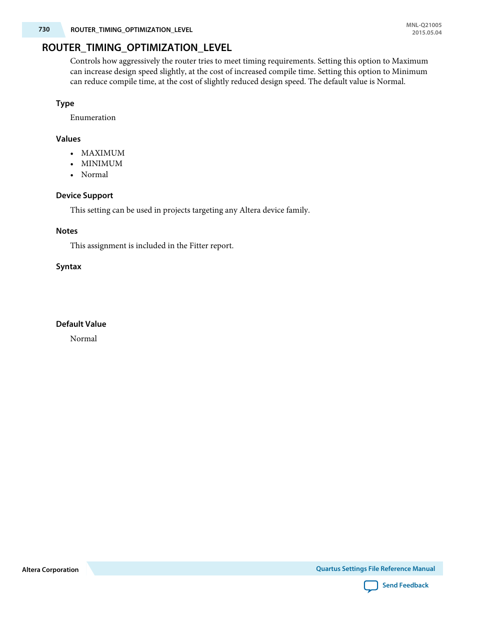 Router_timing_optimization_level | Altera Quartus II Settings File User Manual | Page 730 / 1344