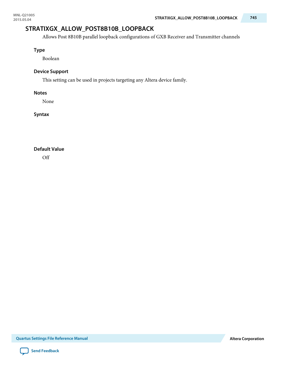 Stratixgx_allow_post8b10b_loopback | Altera Quartus II Settings File User Manual | Page 745 / 1344