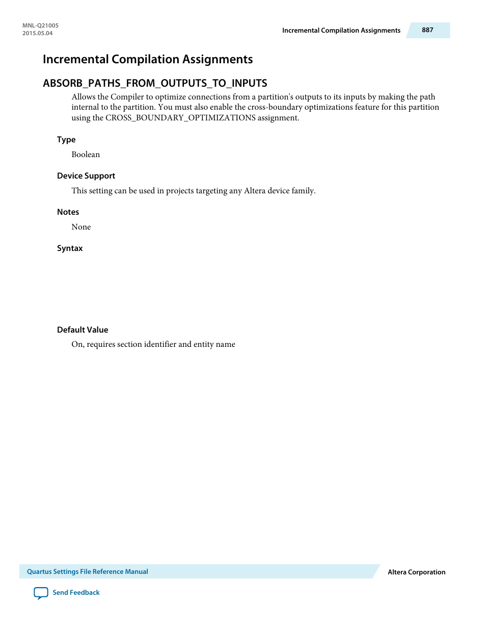 Incremental compilation assignments, Absorb_paths_from_outputs_to_inputs | Altera Quartus II Settings File User Manual | Page 887 / 1344